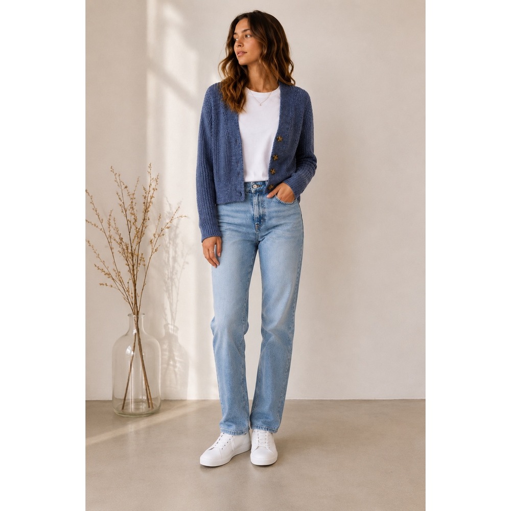 GAP Womens Blue Shaker Stitch V-Neck Button Front Cardigan Sweater Small Heather